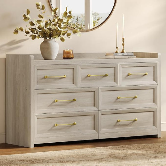 SICOTAS Dresser for Bedroom with 7 Drawers, 56.5" Wide Large Modern Dresser | Chest of Drawers for Living Room, Closet Clothes Storage Organizer Smooth Sliding Drawers, Grey White Oak