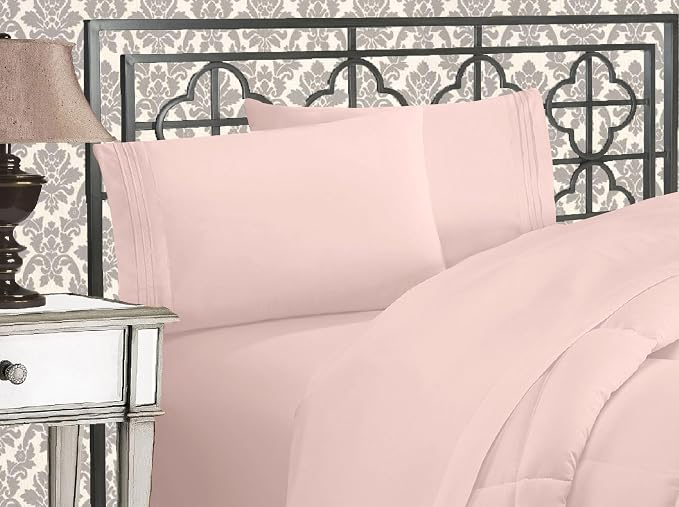 Elegant Comfort Luxurious 1500 Premium Hotel Quality Microfiber Three Line Embroidered Softest 4-Piece Bed Sheet Set, Wrinkle and Fade Resistant, California King, Blush Pink