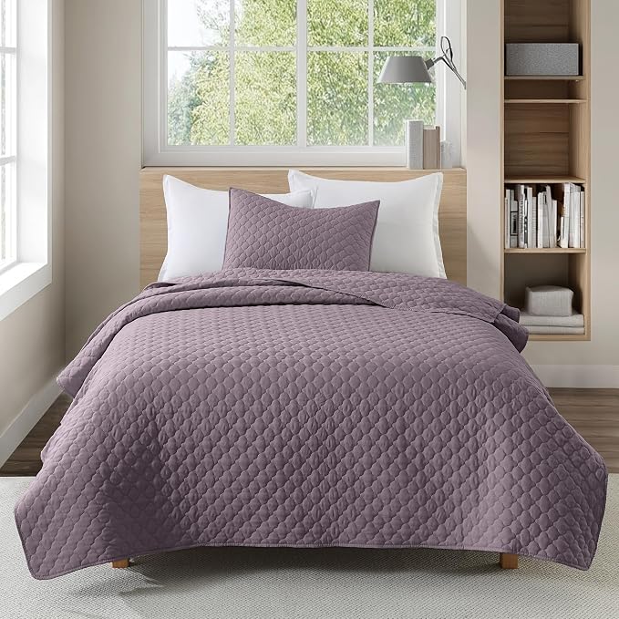 HORIMOTE HOME Quilt Twin Size Grayish Purple, Lightweight Quilt for Summer Ultra-Soft Microfiber Modern Style Quilted Clouds Pattern Bedspread Quit Set 2 Pieces (1 Quilt and 1 Pillow Sham)