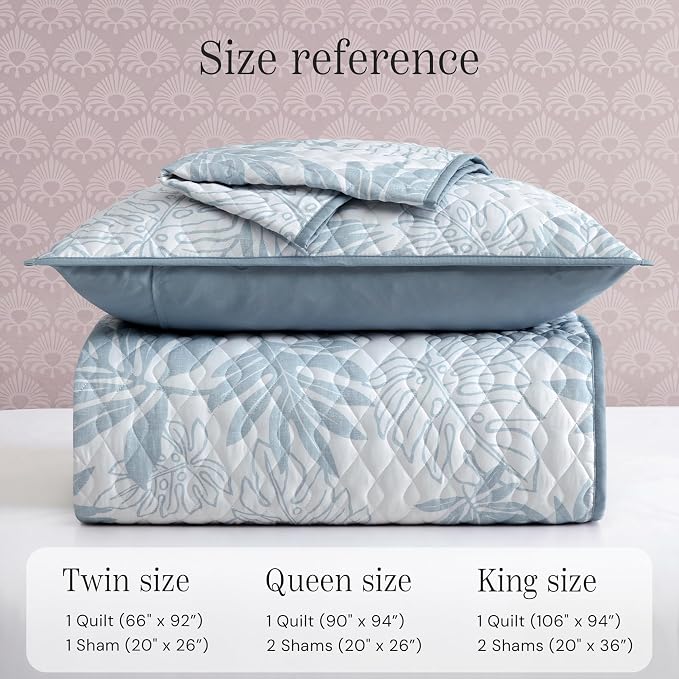 Twin/Twin XL Quilt Set-2 Pieces Soft Bedding Floral Reversible Coverlet | All Seasons Lightweight Quilts Queen Size for Bed, Breathable Vintage Bedspread with Sham, Blue Leaf