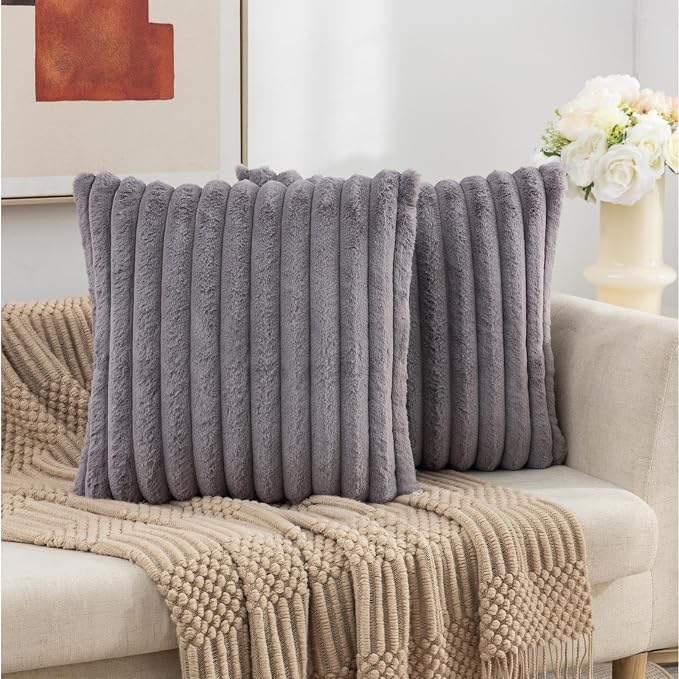 ZLINA Dark Grey Striped Faux Fur Throw Pillow Covers 20 x20 Inch | 2‑Pack, boho striped pillow covers,velvet back,fuzzy plush cushion covers , for sofa bed livingroom home decor