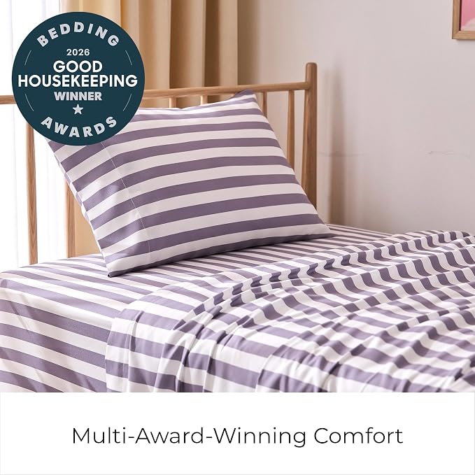 Mellanni Iconic 3-PC, Ultra Soft Sheet Set (Twin, Oxford Stripe Hazy Lilac) | 10M+ Sleepers. Lab-tested: Sleeps Cool, Stays Bright, Strong, Smooth. Good Housekeeping Best Bedding, 7 yrs running.
