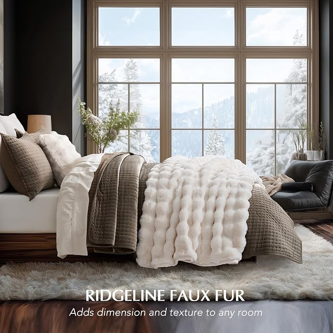 EverGrace Faux Rabbit Fur Bubble Throw Blanket, 50"x60", Ivory White | Ultra Soft, Luxury Faux Rabbit Fur Throw, Thick Warm Bubble Blanket, Cozy Fluffy Reversible, for Bed, Couch, Chair, Sofa
