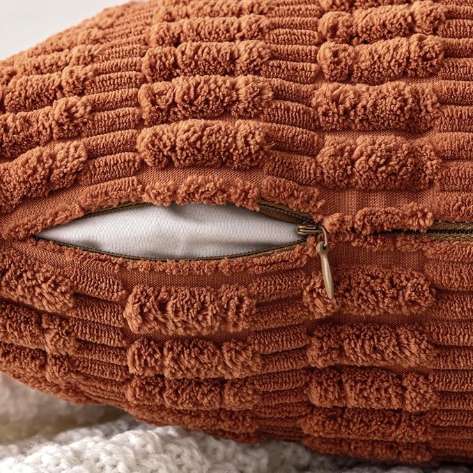 MIULEE Fall Euro Corduroy Decorative Throw Pillow Covers 22x22 Dark Rust | Pack of 2 Sham Terracotta Soft Boho Striped Pillow Covers Modern Farmhouse Autumn Home Decor For Sofa Living Room Couch Bed