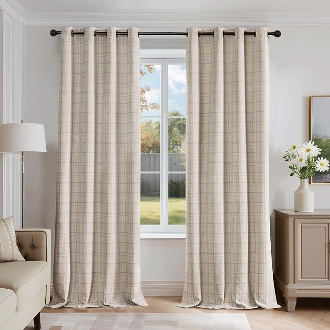 Beauoop Beige Plaid Jacquard Blackout Curtains for Bedroom 52x96 2 Panels | Gingham Checkered Room Darkening Drapes for Living Room 96 Inch Long Thermal Insulated Soundproof Window treatment Grommet