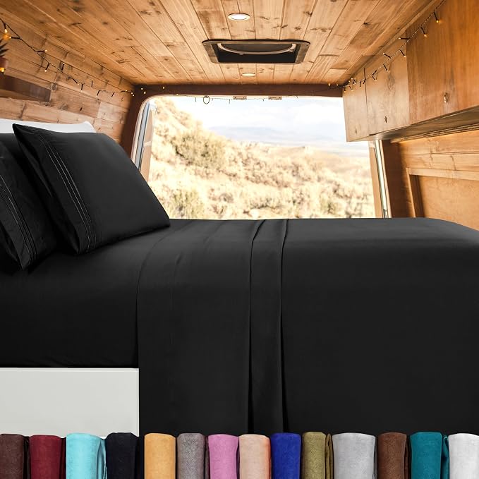 Elegant Comfort Luxury 1500 Premium Hotel Quality Microfiber 4-Piece Sheet Set - Wrinkle Resistant, All Around Elastic Fitted Sheet, Deep Pocket up to 16", RV Short Queen, Black