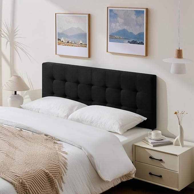 Linen Stitched Tufted King Headboard, Adjustable Height 37.2-42.3 in, Black | Wood Twin Headboard Only, Padded Support for Reading, Relaxing or Working in Bed, Stable Non-Slip Design, Fits Bed Frame
