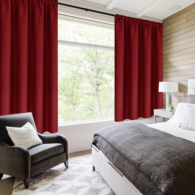 DWCN Wide Blackout Curtains for Living Room 70 x 63 Inch Long Burgundy | 2 Panels Set, Room Darkening, Thermal Insulated, Light Blocking, Rod Pocket Drapes, Noise Reducing Window Treatments