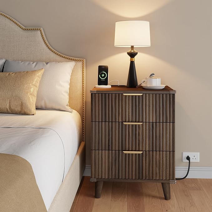 Lulive Wood Bedside Table w/Charging Station, 3 Drawers Fluted Dresser | Walnut, Large Drawers, Metal Silent Rails, FSC Wooden, Sturdy Legs, Modern Fluted Panel, Living Room, Bedside Table