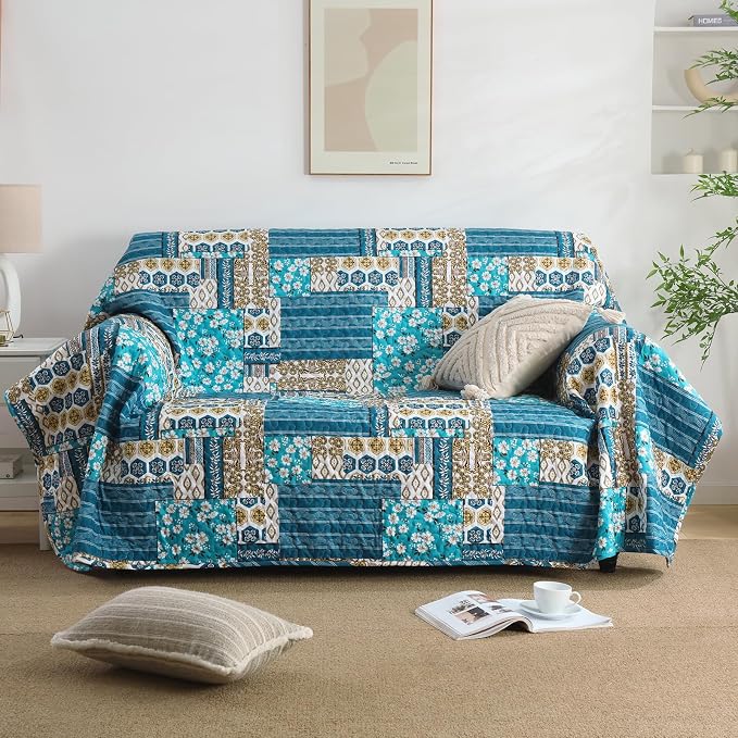 Mybedsoul Boho King Quilts, Patchwork Bedding Set, Dusty Blue | Soft Lightweight Microfiber Floral Coverlet Set, 3 Pieces Plaid Bedspread, Reversible Bed Sets for All Seasons 90"x110"