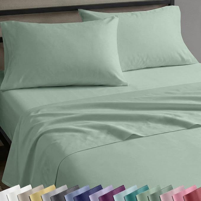 Soft Natural 100% Cotton Sateen Twin Bed Sheet Set, 3 Pc Set, Frosty Green | Backed by Good Housekeeping Seal, Light & Breathable For Hot Sleepers, All-Around Elastic, Durable, Easy Care
