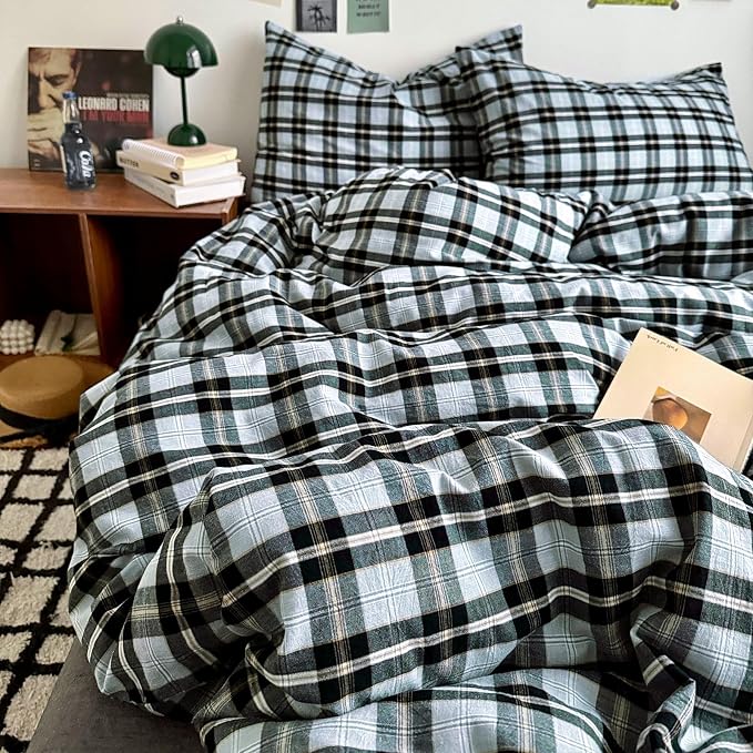 LifeTB Vintage Buffalo Plaid Comforter Set King, Modern Style Grey Black Grid Bed Comforter with 2 Pillowcases, 3 Pieces Soft Fluffy Checkered Pattern Comforter Farmhouse Gingham Plaid Bedding Set