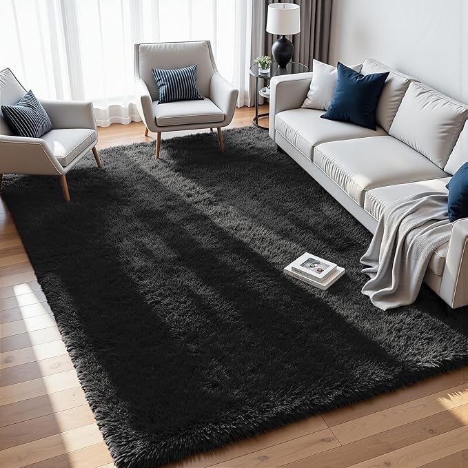 6x9 Fluffy Shag Area Rugs for Living Room Bedroom: Soft Plush Carpet Black | Upgraded Non-Slip Thick Memory Foam, Ultra Soft, Non-Shedding Fuzzy Carpet, Easy Clean Decor for Kids Room, Nursery, Playroom