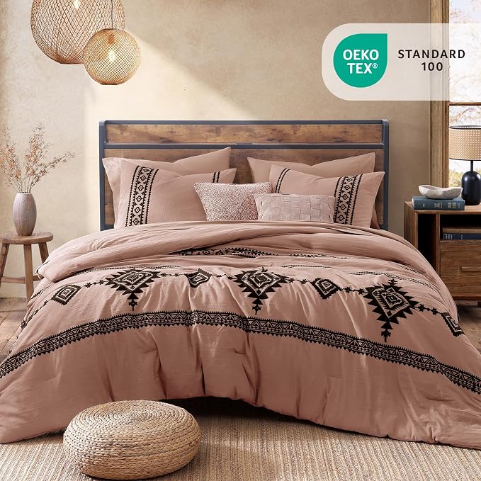 MaiRêve Embroidery Full Size Comforter Set 7 Pieces Dusty Pink Bed in a Bag | Western Boho Farmhouse Bedding Sets with Comforter, Sheets, Pillowcases & Shams