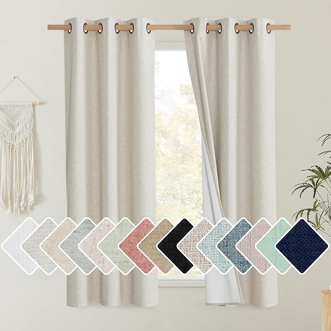 NICETOWN Natural Blackout Curtains for Bedroom 34" Wide x 60" Long 2 Panels | Thick Linen Blend Rustic Grommet Thermal Insulated Flax Textured Draperies with White Liners, Full Blackout Home Decor