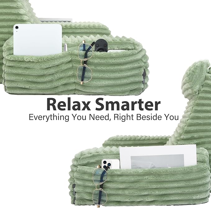 ENITYA 22" XL Back Pillow for Bed Sitting Up with Armrests & Big Pockets | Supportive Reading Pillow with Dual-Layer Foam Design, Ideal for Bedroom, Living Room, Dorm, Modern Style, Sage Green