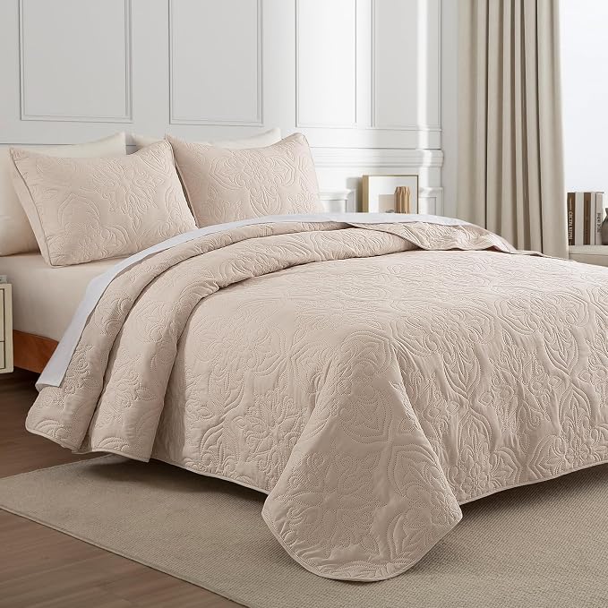 Whale Flotilla Queen Quilt Bedding Set Vintage Damask Reversible Bedspread | Suitable for Bed, 3 Pieces Brich Beige Lightweight Breathable Quilts Queen Size, Ultrasonic Coverlet with 2 Pillow Shams