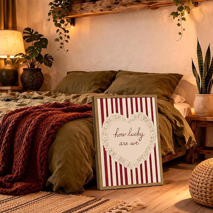 Framed How Lucky Are We Wall Art, Vintage Red Striped Pictures Wall Decor, Romantic Lace Heart Quote Paintings Canvas Prints Coquette Home Decor for Living Room Bedroom Bathroom 16x24 inch
