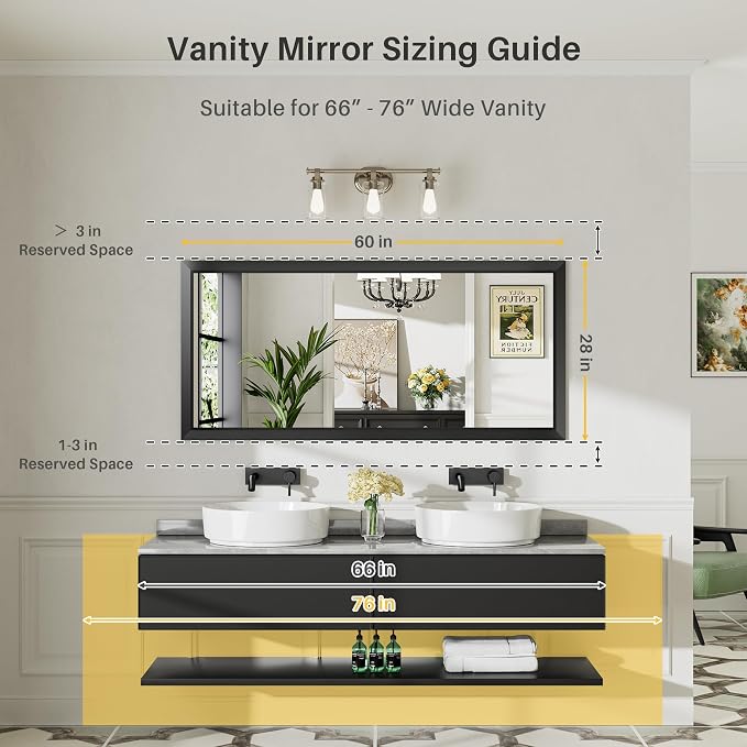 Black Metal Framed Bathroom Wall Mirror, 60x28 Inch | Anti-rust, HD tempered glass, for bathroom vanity, bedroom, living room, horizontal or vertical mount