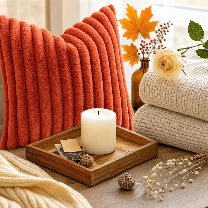 decorUhome Fall Faux Fur Throw Pillow Covers 16x16 Set of 2 Rust | Decorative Soft Cozy Striped Plush Modern Farmhouse Boho Couch Pillow Cases Velvet Back for Sofa Bed Living Room Home Decor