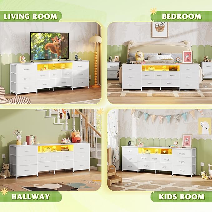 WLIVE Long LED Dresser TV Stand for 85 Inch TV, 11 Drawers, White | Fits TVs up to 85 inch, 11 fabric drawers, LED chest of drawers, Built-in power outlet, Living room or bedroom