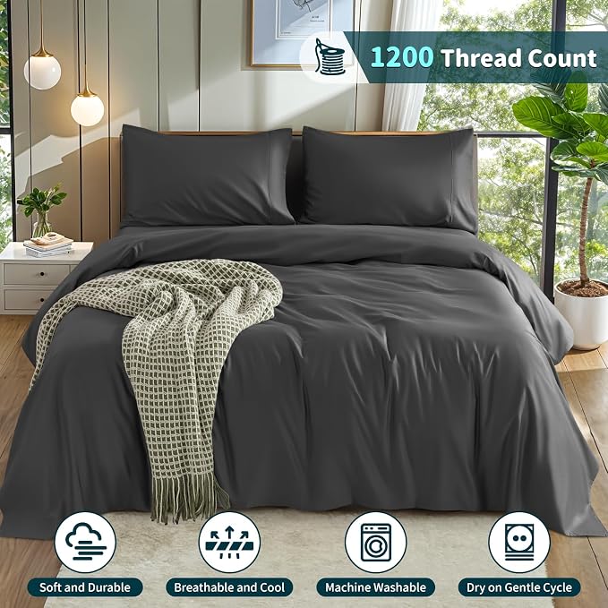 LBRO2M 100% Egyptian Cotton Sheets 1200 TC, Deep Pocket 16", 4Pcs, King | Long Staple Cotton Bed Sheets, Extra Soft and Breathable Sheets, Cozy for All Seasons, Black