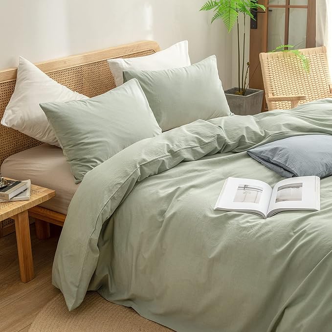 BESTOUCH Cotton Solid Duvet Cover Set Linen Feel Sage Green Queen | 100% Washed Cotton, Soft Wrinkle Texture, Hidden Zipper, 8 Ties, Breathable Lightweight Durable Comfy, 3 Pcs No Insert