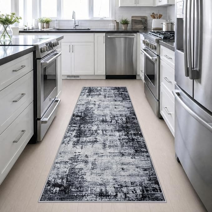 3x10 Washable Runner Rug：Modern Abstract Soft Carpet Dark Black | For Hallway, Bedroom, Kitchen, Laundry, Bathroom,Door Mat,Modern Abstract,Machine washable,Non-Slip,Stain Resistant,Indoor