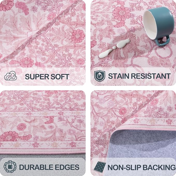 Washable 2'6" x 10' Runners for Hallways, Non Slip Long Floor Runner for Kitchen, Entryway Indoor, Stain Resistant Rubber Backing Floral Decor Rug (Pink)