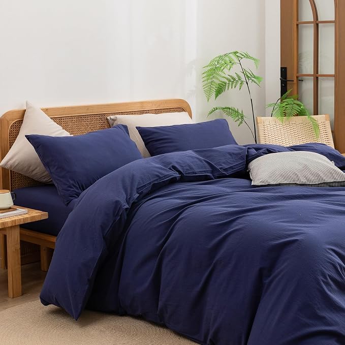BESTOUCH Cotton Solid Duvet Cover Set Linen Feel Navy Blue Super King | 100% Washed Cotton, Soft Wrinkle Texture, Hidden Zipper, 8 Ties, Breathable Lightweight Durable Comfy, 3 Pcs No Insert