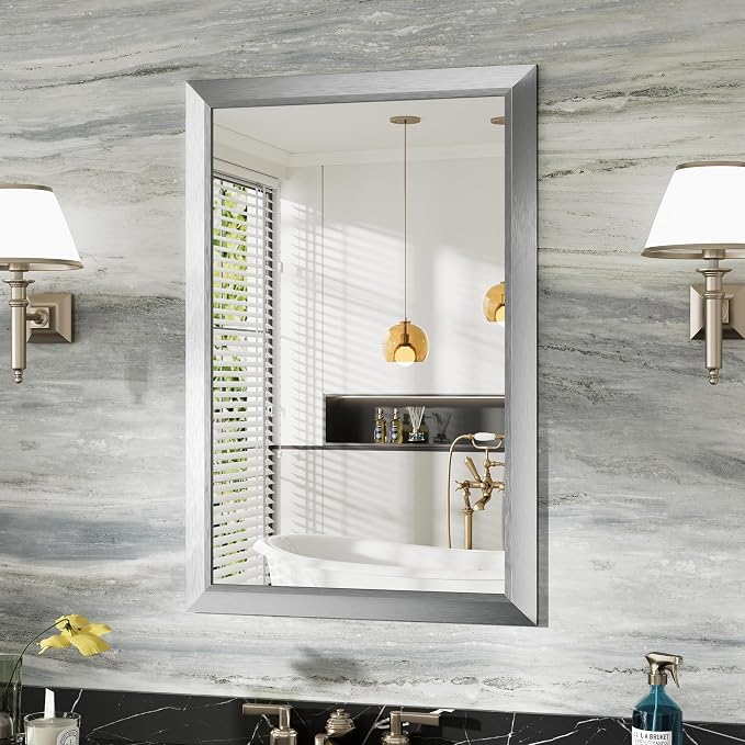 Bathroom Wall Mirror, Silver Brushed Nickel Metal Frame, 24x36 Inch | Anti-rust, HD tempered glass, for bathroom vanity, bedroom, living room, horizontal or vertical mount