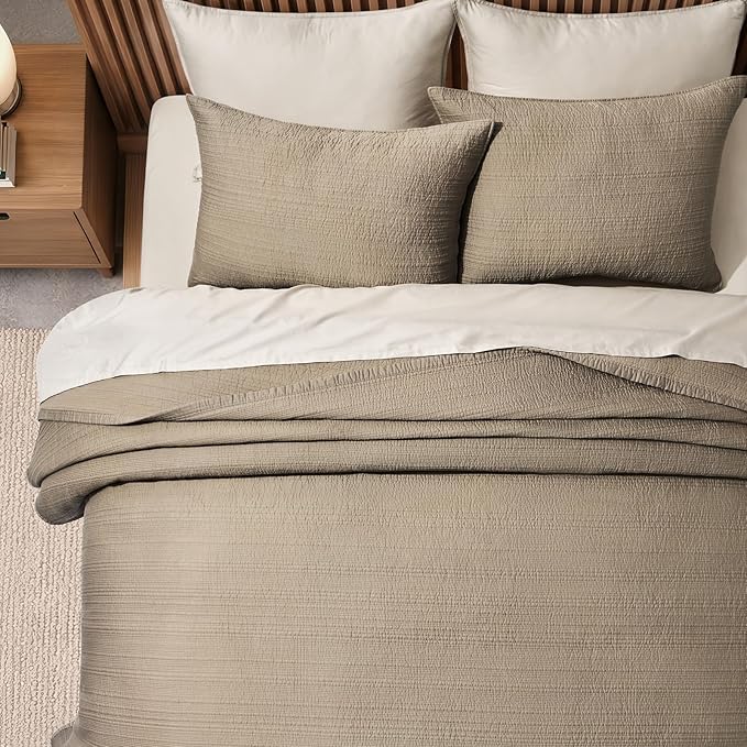 EVERGRACEHOME Cotton Sateen Channel Quilt Set, King Size, Stone Taupe | 100% Cotton, Pre-Washed Soft Coverlet Bedspread, 3-Piece Refined Channel Stitch Bedding Set for All Season, 2 Pillow Shams