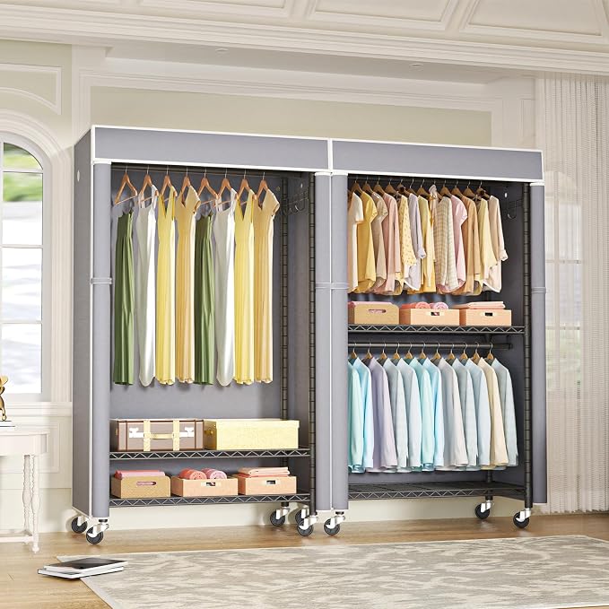 FUTASSI Black Clothing Rack with Grey Cover, P1C Rolling Closets | Metal Garment Rack for Hanging Clothes, Clothing Storage Wardrobe, with Wheels