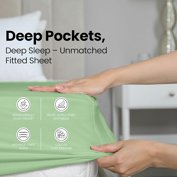 Queen Fitted Sheet, Ultra Soft Fits Up to 16 Inch Deep Pocket, Sage | Hotel Comfort, Cooling & Breathable Cotton like Polyester, Easy Fit, Wrinkle & Fade Resistant, Snug Fit, Easy Care, Oeko-Tex