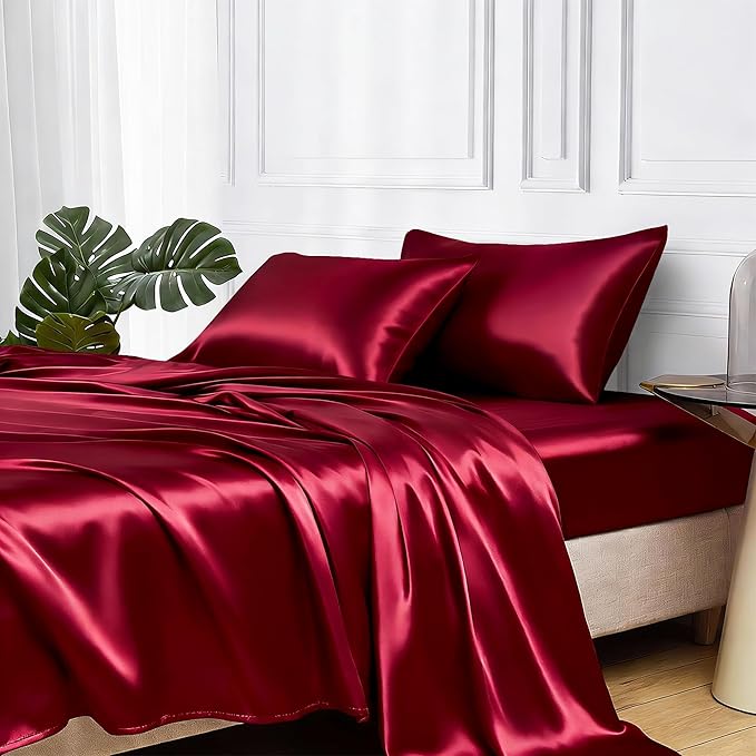 MR&HM Satin Sheets Queen Size with Elastic Corner Straps, Burgundy | Similar to Silk, 4-Piece Silky Soft Bed Sheet Set, Gentle on Skin and Hair, 15" Deep Pocket, Cooling & Breathable