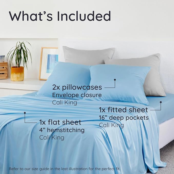 Bambaw California King Sheet Set 4pcs – 100% Viscose Derived from Bamboo Sheets Deep Pocket, Fits Up to 16'' Mattresses, Temperature Cooling Bed Sheets, Super Soft Bed Sheets (Dream Blue)