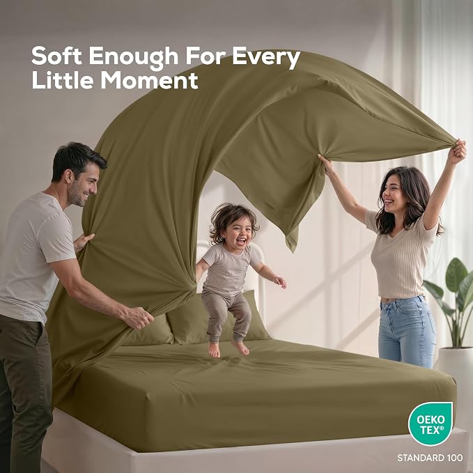 Queen Sheets Set, 4 Pieces 16" Deep Pocket Hotel Luxury Bed Sheets, Olive | Extra Soft Bedsheet Set, Comfy & Breathable Cooling Sheets, Wrinkle & Fade Resistant, Fitted Sheet, Flat Sheet, 2 Pillowcases