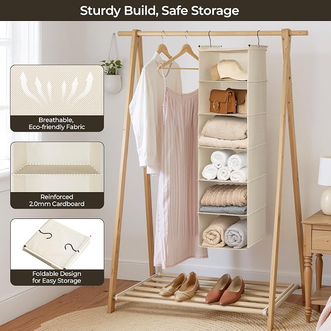 GRANNY SAYS 6-Shelf Hanging Closet Organizer, Foldable Storage, Beige | No-Sag Support, Keeps Clothes Neat, Folds Flat, Fits RV, Dorm & Small Closets