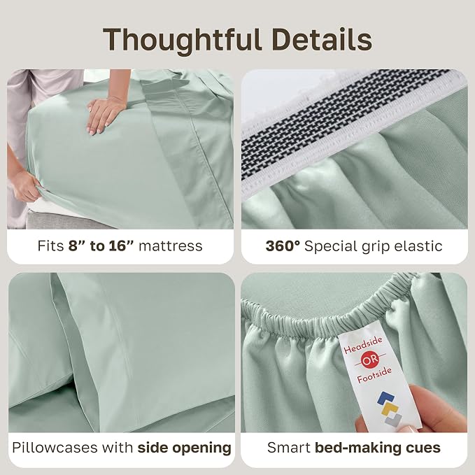 California Design Den Soft Deep Pocket California King Sheet Set - 800 Thread Count Sateen, 100% Cotton Sheets, Durable Bedding Set - Soft Celadon