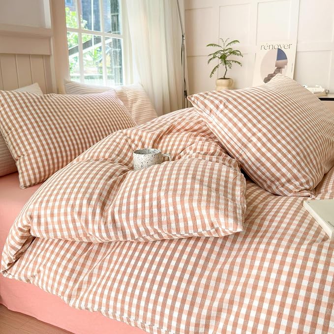 LifeTB Pink Gingham Comforter Set Full Modern Style Pink Plaid Comforter Set 3 Pieces Grid Checkered Pattern Comforter with 2 Pillowcases Fluffy Boho Farmhouse Gingham Bedding Comforter Full