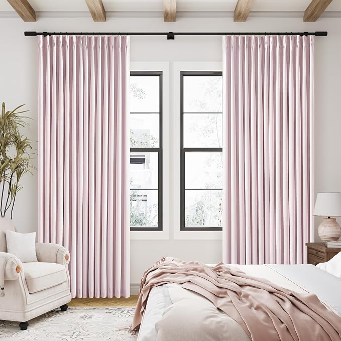 Light Pink Pinch Pleated Linen Blackout Curtains 90 Inches Long for Bedroom | 100% Black Out Thermal Insulated, Pinch Pleat with Ring Hooks Back Tab, Room Darkening Drapes with Liner, for Girls Nursery