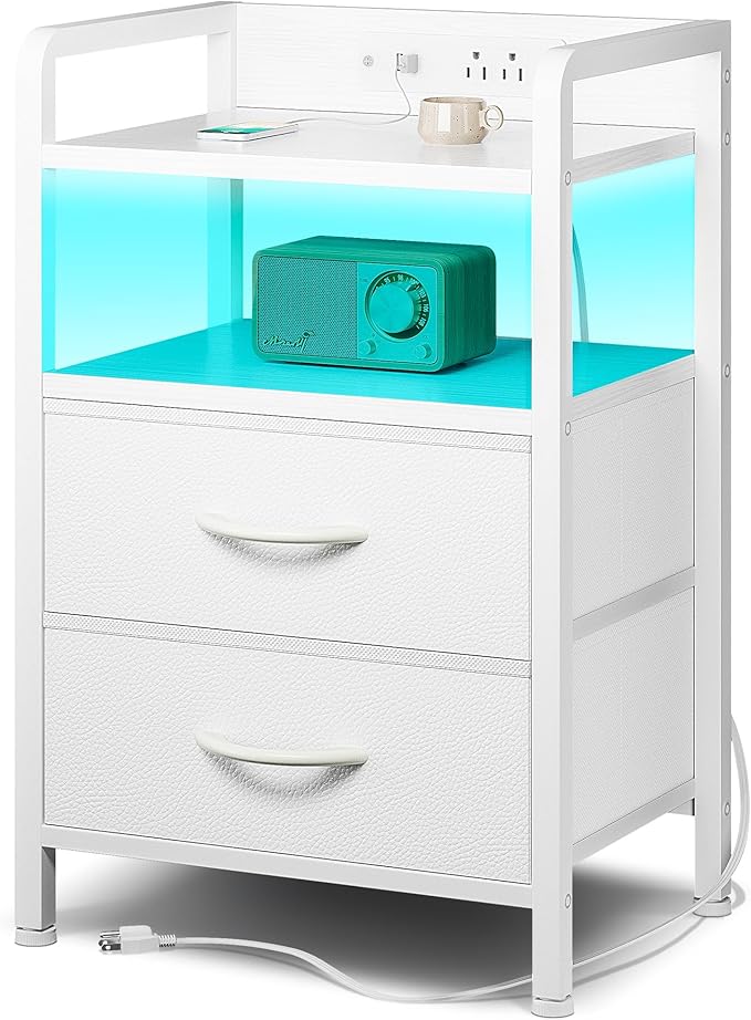 Lazzanto Nightstand with Rear Charging Station, LED Light, 2 Drawers, White | Industrial Nightstand, 2 USB-A Ports & AC Outlets, Raised Back Guard, Fabric Storage Drawers, Bedside Table for Bedroom, Dorm