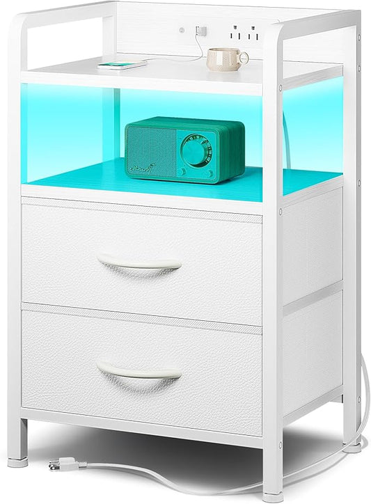 Lazzanto Nightstand with Rear Charging Station, LED Light, 2 Drawers, White | Industrial Nightstand, 2 USB-A Ports & AC Outlets, Raised Back Guard, Fabric Storage Drawers, Bedside Table for Bedroom, Dorm