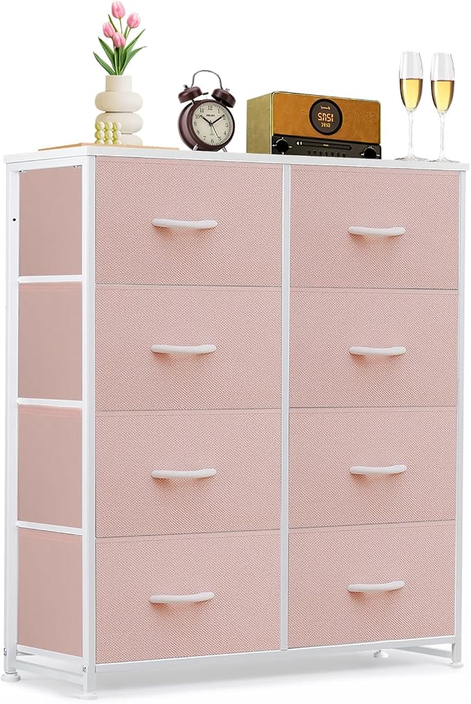8-Drawer Dresser for Bedroom, Anti-Tip Tall Storage Organizer | Chest of Drawers with Wooden Top and Metal Frame Fabric Bins for Closet, Living Room, Hallway, Entryway, Pink