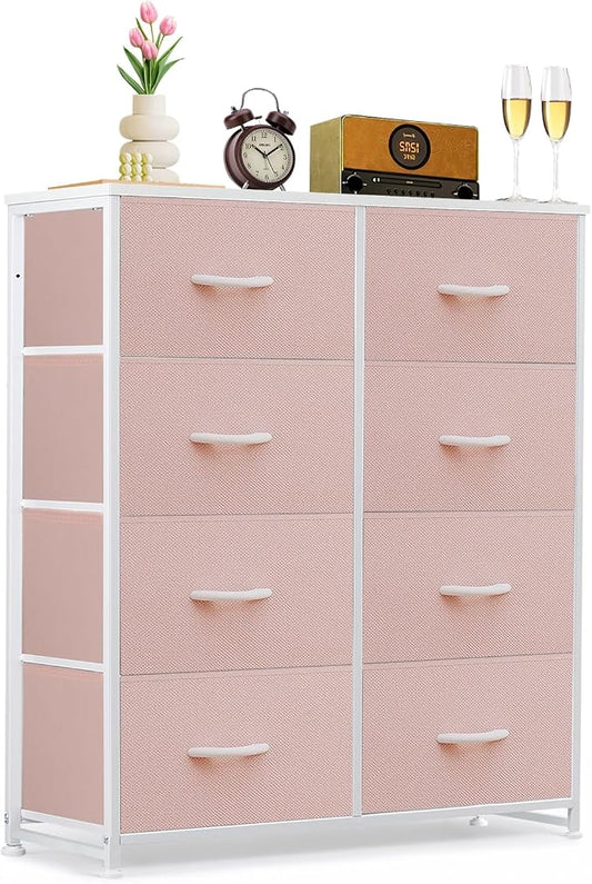8-Drawer Dresser for Bedroom, Anti-Tip Tall Storage Organizer | Chest of Drawers with Wooden Top and Metal Frame Fabric Bins for Closet, Living Room, Hallway, Entryway, Pink