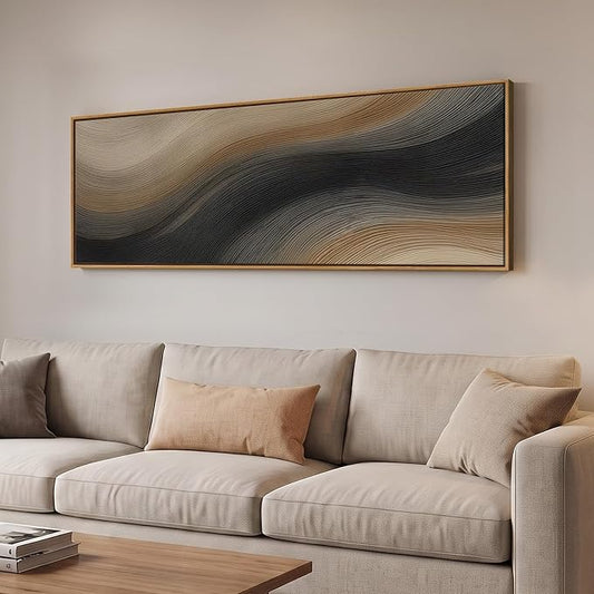 Large Framed Neutral Black Brown Abstract Wall Art for Living Room, 20x60 | Minimalist line artwork, Canvas prints, Wood frame, Long horizontal modern picture, Wall decor for bedroom dining room office