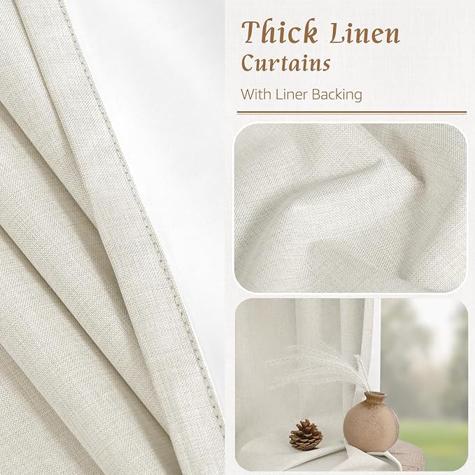Ivory Full Blackout Linen Curtains for Bedroom Kitchen, 40 Inches | Ivory, Linen Textured, Thermal Farmhouse Curtains, Neutral Drapes, Rod Pocket Back Tab, White Liner, 2 Panels, 52 x 40 Inch