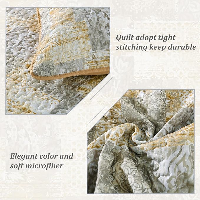 Mybedsoul Boho Quilt King Size, Patchwork Reversible Bedding Set, Yellow | Soft Lightweight Microfiber Floral Coverlet Set, 3 Pieces Plaid Bedspread, Bed Sets for All Seasons 90"x110"
