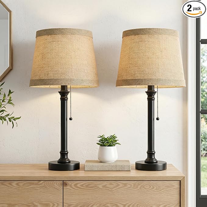 19.5" Black Rustic Table Lamps Set of 2 for Living Room Bedroom | Pull Chain Switch Bedside Table Lamps, Farmhouse Nightstand Lamp with Natural Shade, Small Lamp for End Table & Desk Light