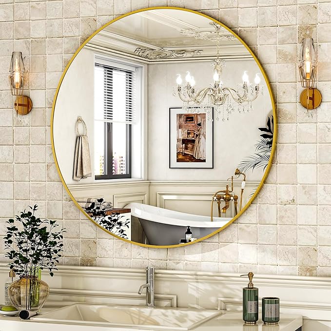 HARRITPURE 28" Round Mirror Gold Bathroom Circle Wall Mirror | Brushed Aluminum Alloy Frame Modern Decor for Living Room, Vanity, Bedroom, Entryway